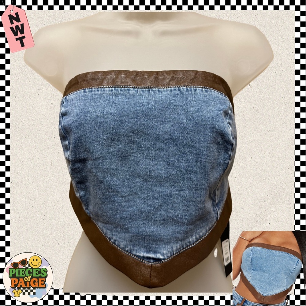 Fashion Nova Texas Rodeo Faux Leather & Denim Bandana Top (Top Only) - Size M